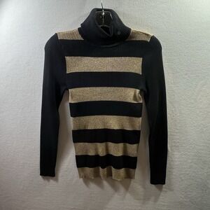 LRL Lauren Ralph Lauren Pullover Sweater S Black Gold Logo Turtleneck Metallic